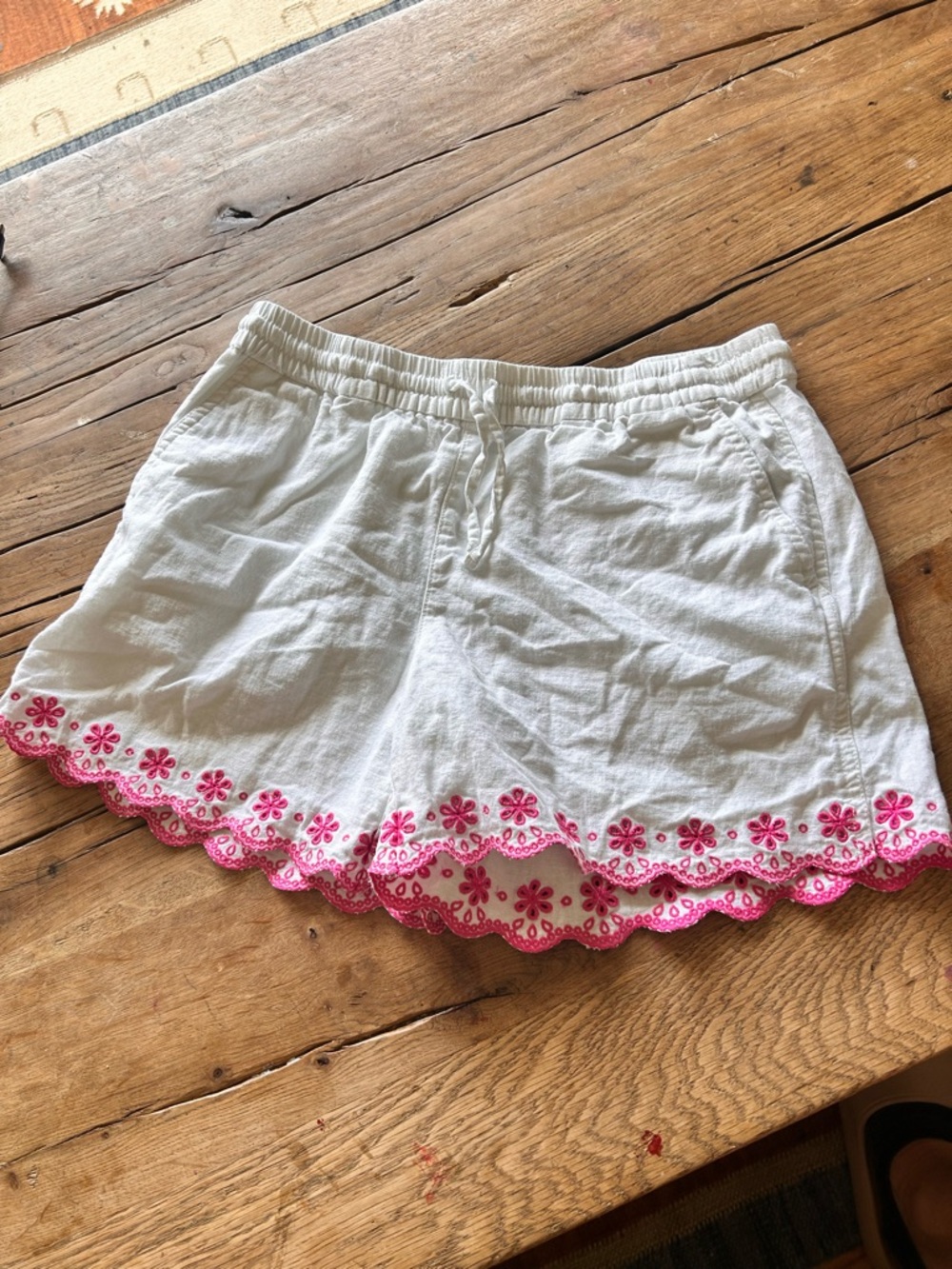 J. Crew White High-Waist Shorts with Pink Floral Trim cotton linen